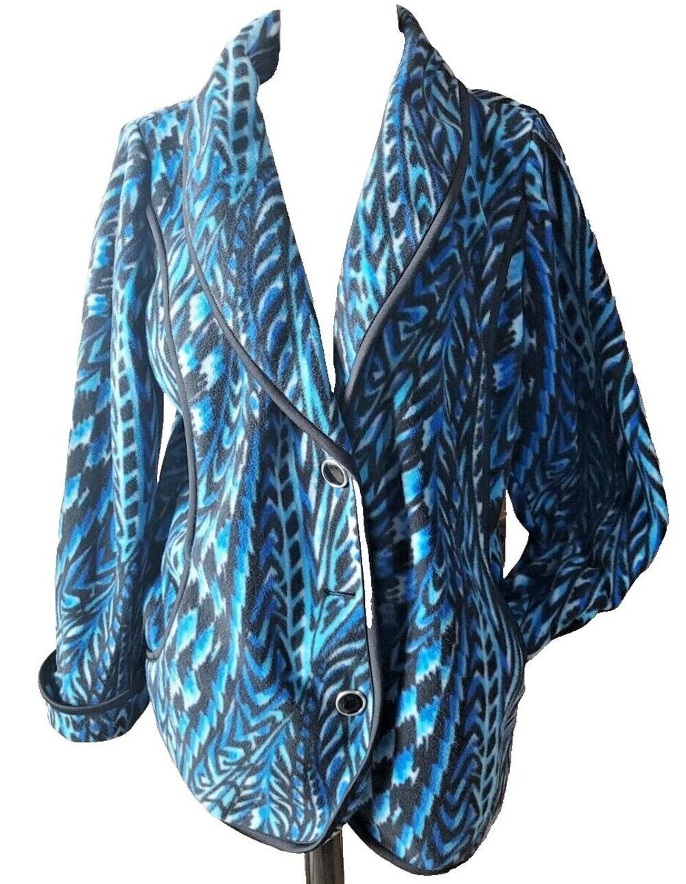 Bob Mackie Wearable Art M Jacket Fleece Blue Black Button NWOT